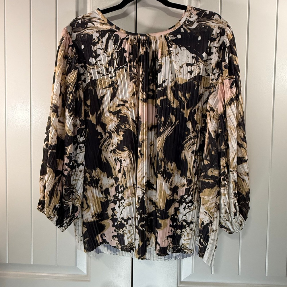 Est. 1946 Abstract Marble Print Pleated Balloon Sleeve Blouse Pink Black Tan